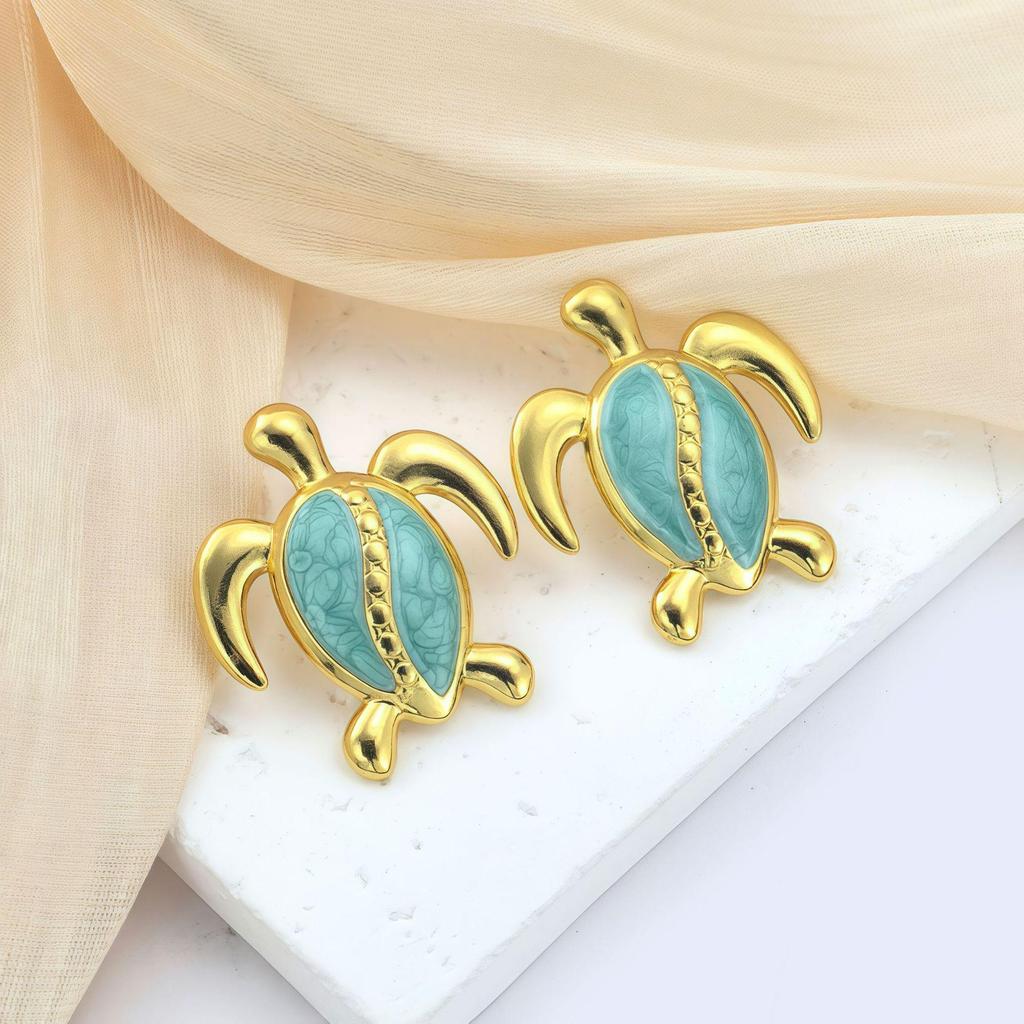 European & American Stainless Steel Colored Turtle Earrings, Hawaiian Drip Oil Marine Life Design