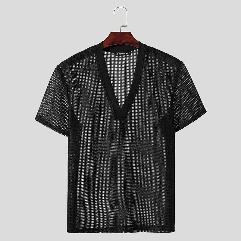 INCERUN Topuri cu mânecă scurtă scobite pentru bărbați Tricouri pentru petrecere pe plajă cu decolteu în V adânc