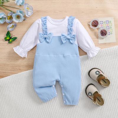 Baby Girl Trendy Bow Decor Faux Two-piece Solid Color Long Sleeve Cotton Jumpsuit
