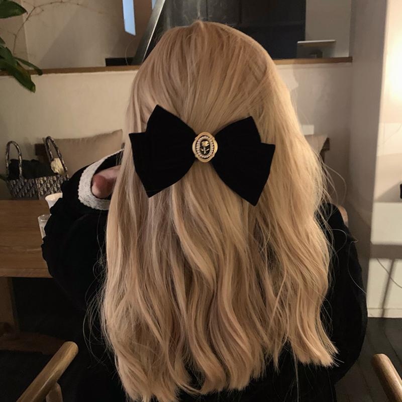 New Black Velvet Bow Hair Pins Elegant Fabric Alloy Roses Hair Clips For Women Fashion Ponytail Barrette Heawear Accessories