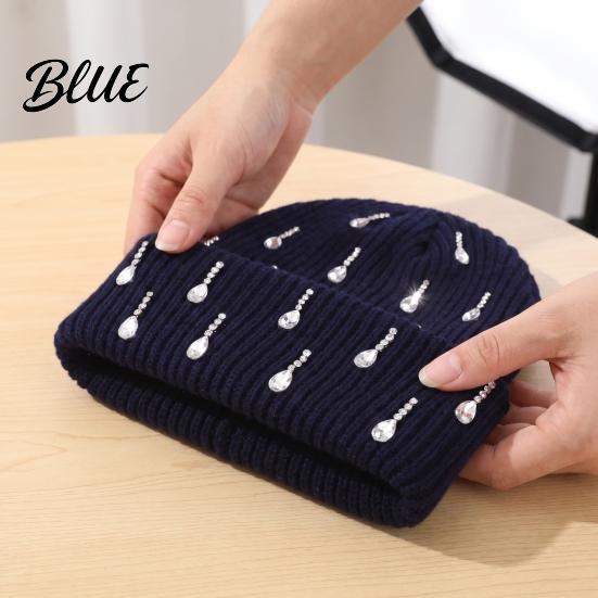 Holiday Gift for Women Waterdrop Rhinestone Knit Hat, Bling Stretchy Winter Cuffed Knitted Stylish Hat Skull Cap Men Cold Weather Daily Wear