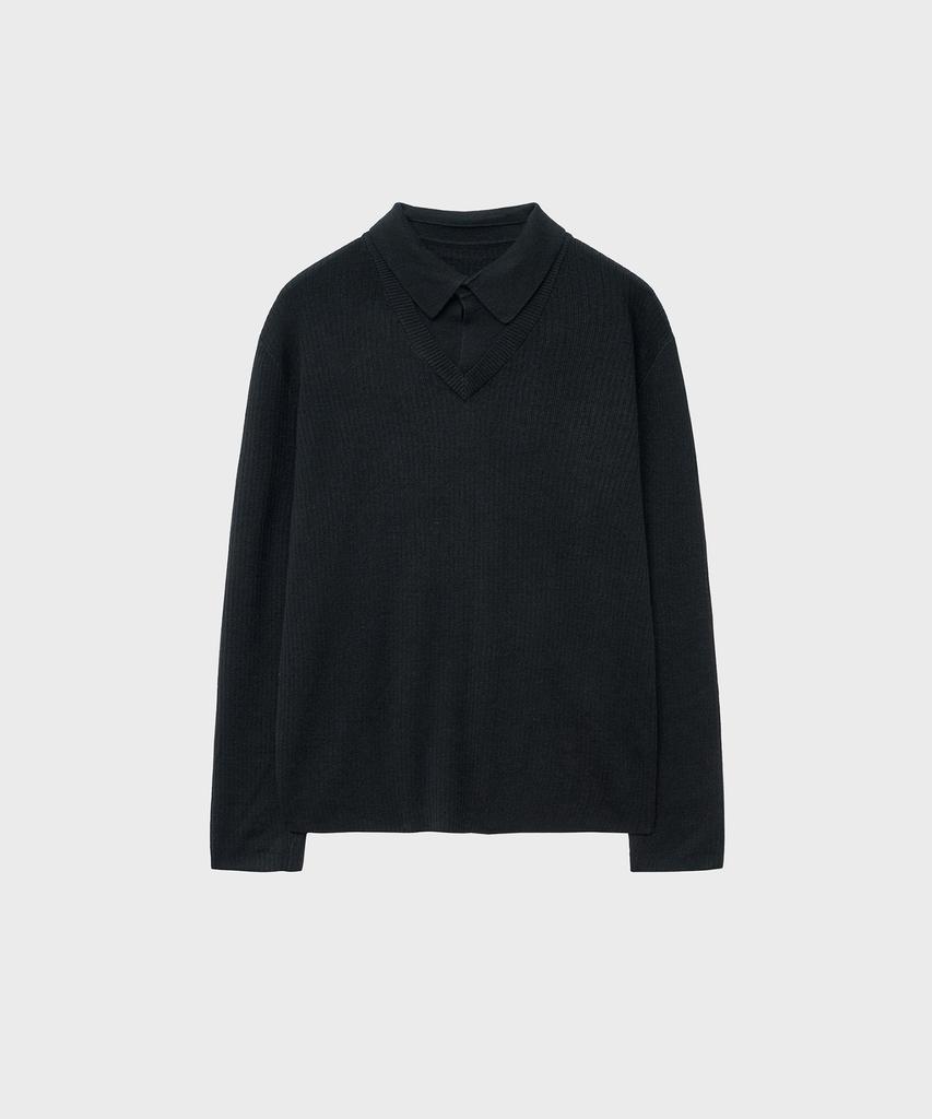 NOIRER Layered V-Neck Polo Knit (Black)