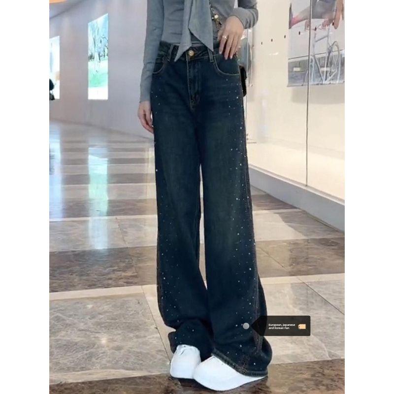 

Большой размер Американский ретро Тяжелая вышивка Горячая отделка Деним Женские Осенние Новинки Высокая посадка Свободные и Стройнящие Брюки-клеш с хвостом Blue [Quality Edition]] S