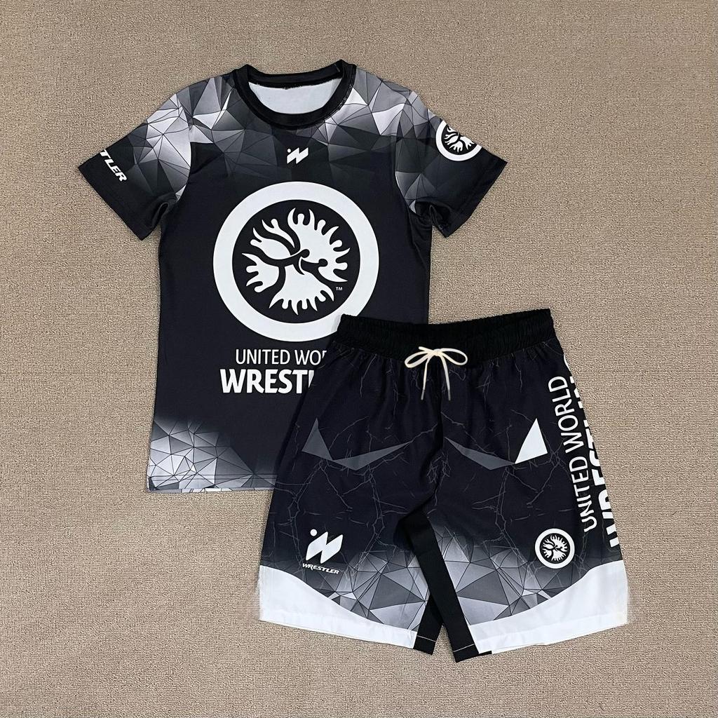 2026 New United World Wrestling Sports Set Men's Kids Black White T-shirt & Shorts Quick Drying MMA Training Combat Suit