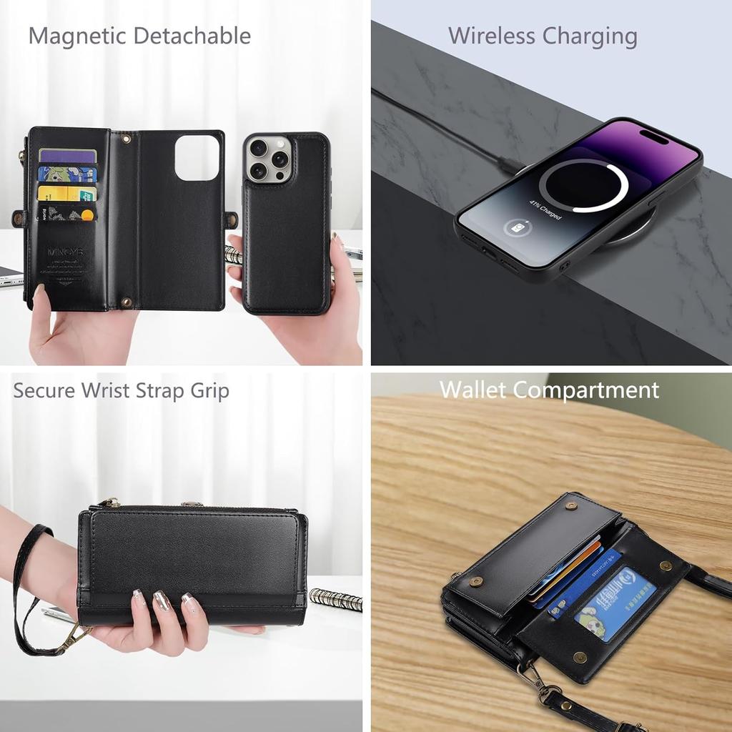 MInCYB for iPhone 16 Pro Wallet Case with Card Holder (10+ Card Slots) - PU Leather Case for Women & Men, Wireless Charging, Detachable Magnetic,