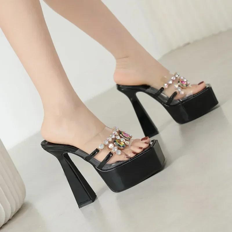 Sexy Luxurious Transparent PVC Broad Band Colored Crystal Sandals for Women Platform Square High Heels Banquet Rome Shoes