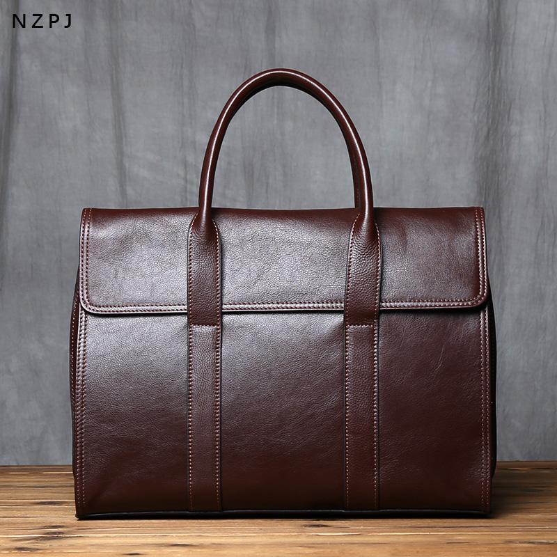 NZPJ Vintage Genuine Leather Men's Briefcase Natural Cowhide Handbag Casual Men Bag Wearable Luggage For 14 Inch Laptops