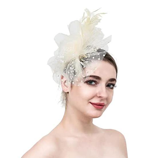 Party Fascinator Hat Mesh Feather Flower Decor Headdress Wedding Headgear Faux Pearl Stage Performance Head Decor Hat Bridal Hair Accessories