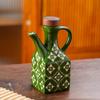 250ML Vintage Square Ceramic Oil Bottle, Japanese Style Floral Soy Sauce Dispenser Cruet with Handle & Wood Lid