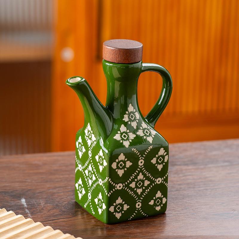 250ML Vintage Square Ceramic Oil Bottle, Japanese Style Floral Soy Sauce Dispenser Cruet with Handle & Wood Lid