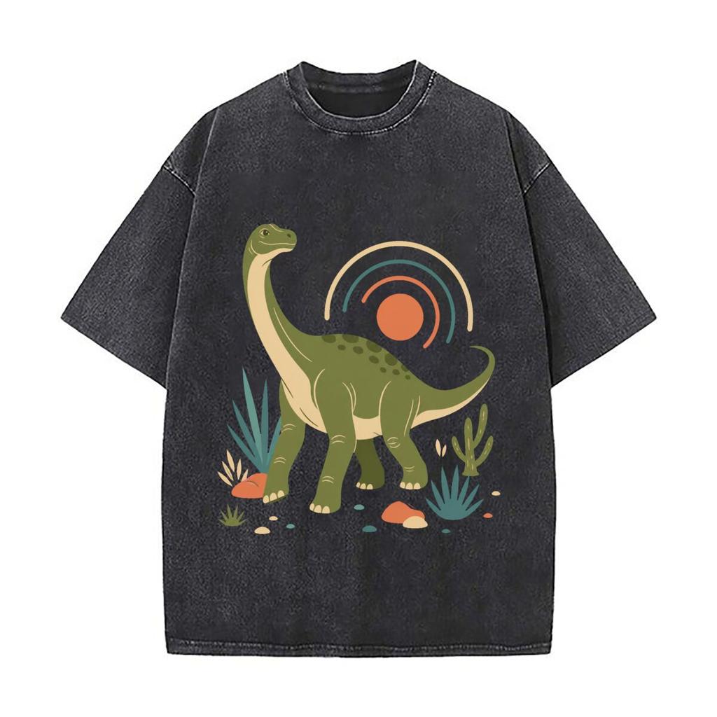 Minimal Prehistoric Giant Line Art Retro Washed Distressed T Shirt Men Summer Casual Short Sleeve