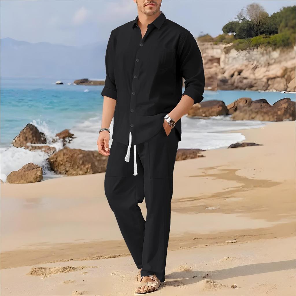 European Men's Beach Casual Set: Cotton Linen Lapel Shirt & Long Pants
