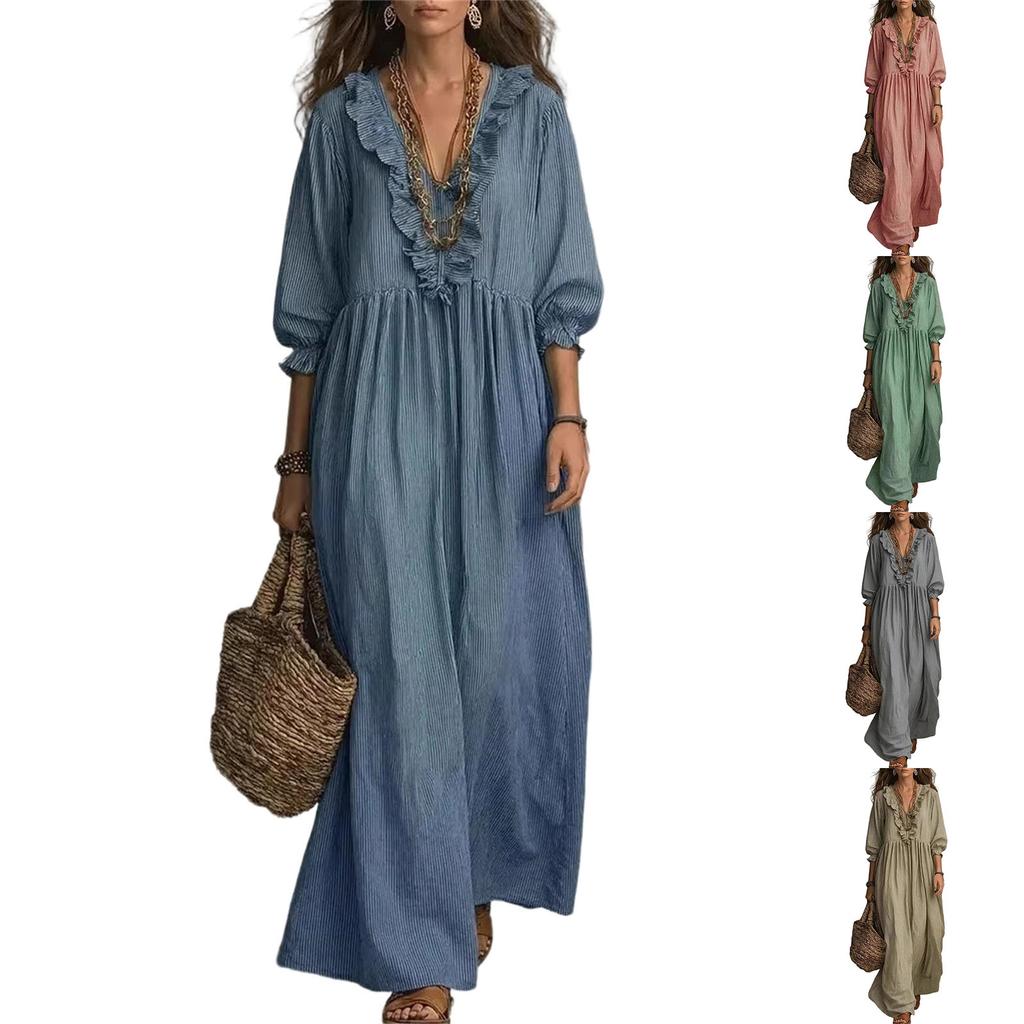 Women’s Loose Fit Maxi Dress with Long Sleeves V Neck Ruffle Lightweight Flowy Casual Style for Everyday Wear