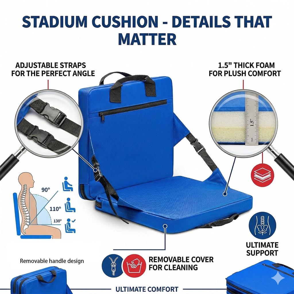 Portable Stadium Cushion 1.5in Thick Foldable Bleacher Seat with Handle Water-resistant Chair Pad for Sports Events & Camping