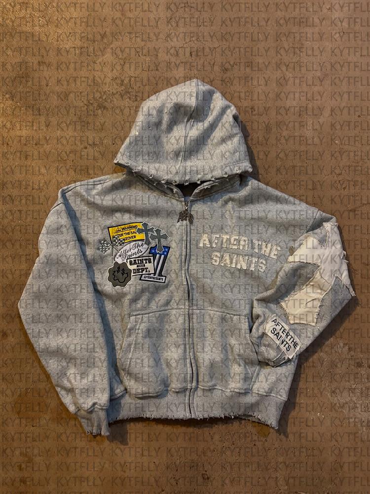 Completo Y2K da Donna a 2 Pezzi Felpa con Zip e Toppe Strappate Lettere Pantaloni Lunghi Dritti Streetwear Tuta