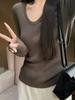Women's Apricot V-Neck Knit Sweater: Autumn/Winter Slim Fit, Long Sleeve Clavicle Base Layer Top