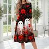 Women's Halloween Print Three-Quarter Sleeve Round Neck Midi Dress for Casual and Stylish Fall Outfits