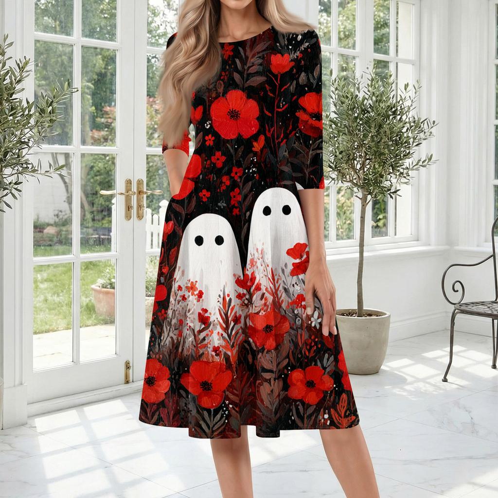Women's Halloween Print Three-Quarter Sleeve Round Neck Midi Dress for Casual and Stylish Fall Outfits