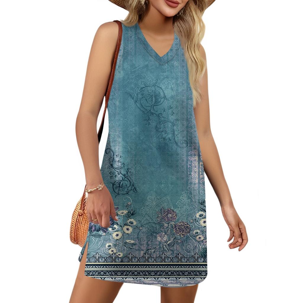 Women's V-neck Summer Casual Beach Vacation Women's Sleeveless Floral Print Sundress