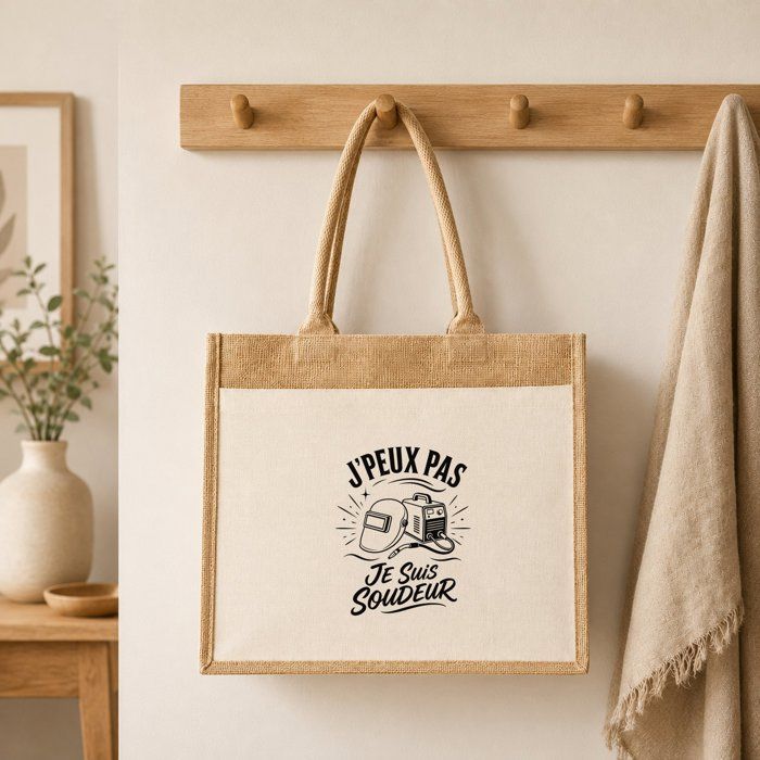 Sac Cabas Jute avec Poche J’peux pas je suis Soudeur J'peux pas minimaliste | Toile de Jute et Coton 21 L Fond Plat Anses 65 cm