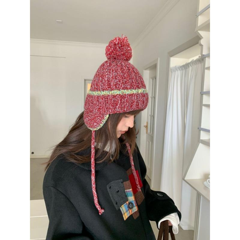 Fashion Knit Hat With Ear Flaps Tie Pom Pom Warm Winter Hat