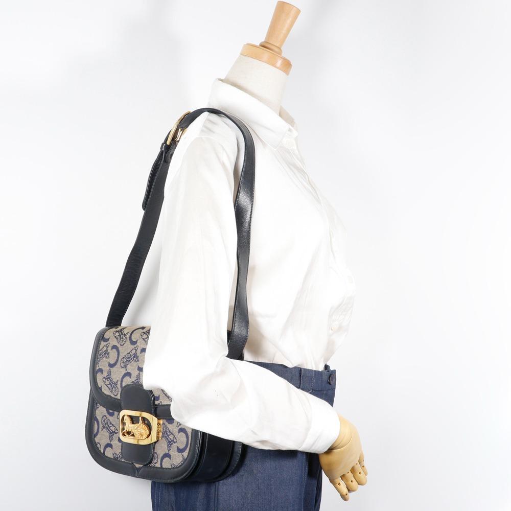 CELINE Old Celine Shoulder Bag Macadam Horse Hardware vintage Navy blue canvas/leather Women Used