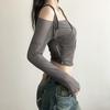 Solid Slash Neck Crop Tops Sexy Off Shoulder Straps Long Sleeve T-Shirts Slim Mesh Tees Y2K Streetwear Women