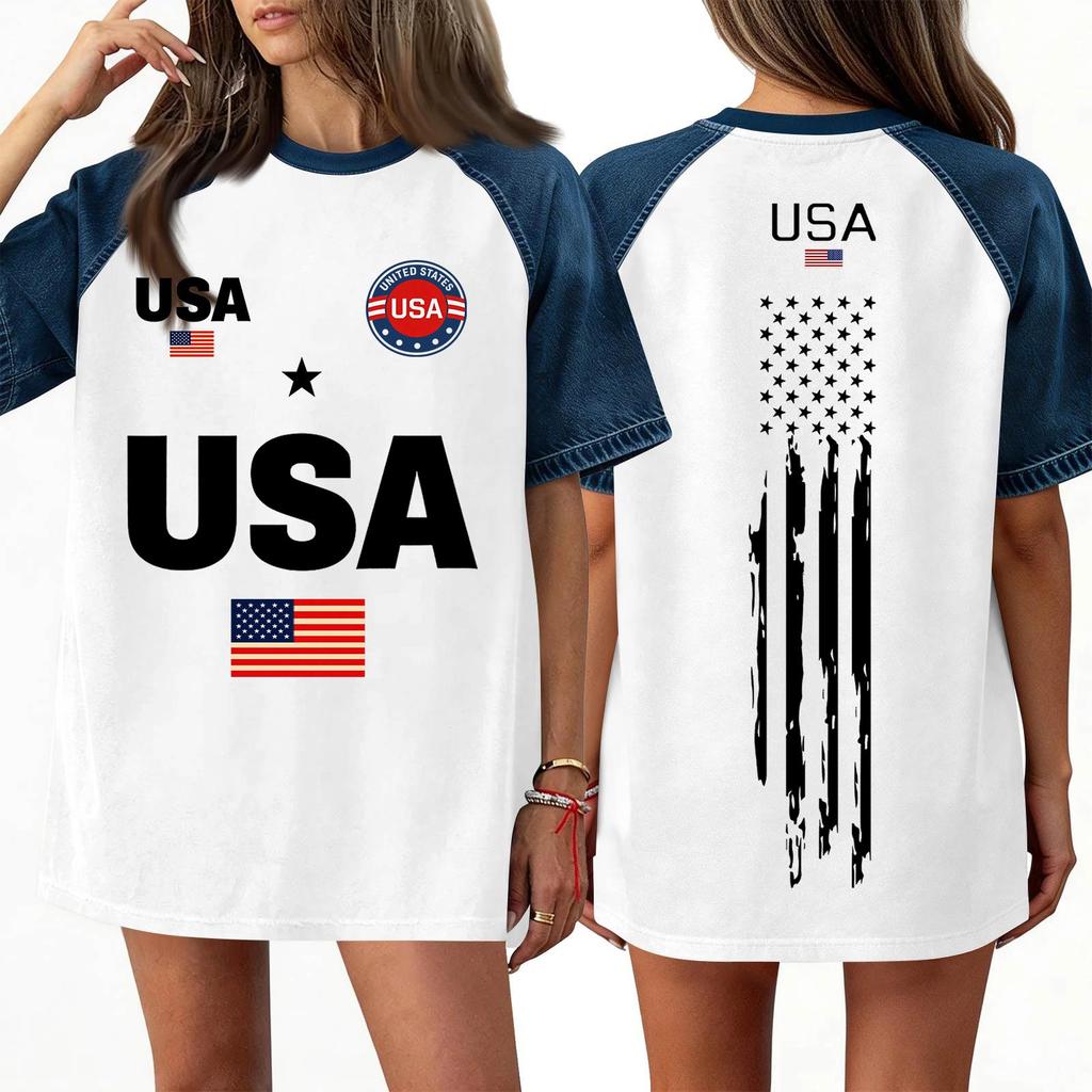 Women's Denim Patchwork Top, Casual Short-sleeved Comfortable T-shirt, Fashionable For Spring And Summer.