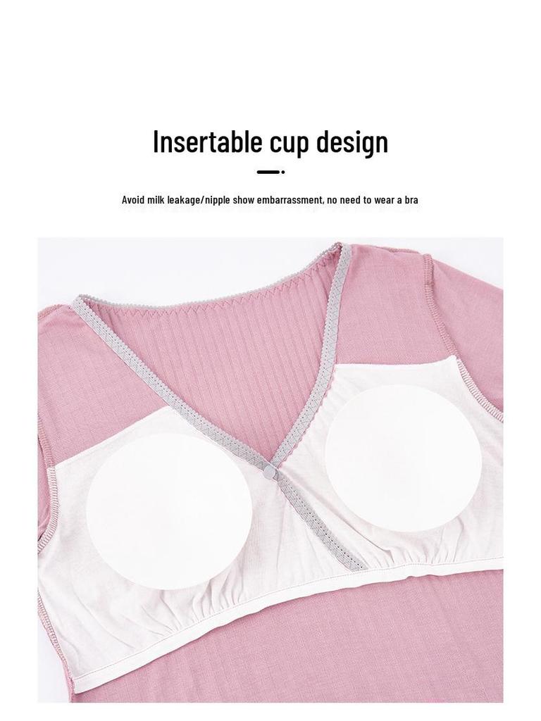 V-Neck Nursing Dress with Insertable Cups for Breastfeeding - Fashionable Postpartum Pajamas