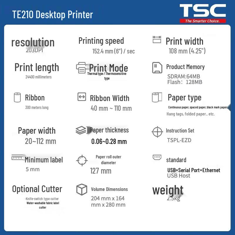 TSC TE210 Thermal Transfer Label Printer CN plug (adapter included)