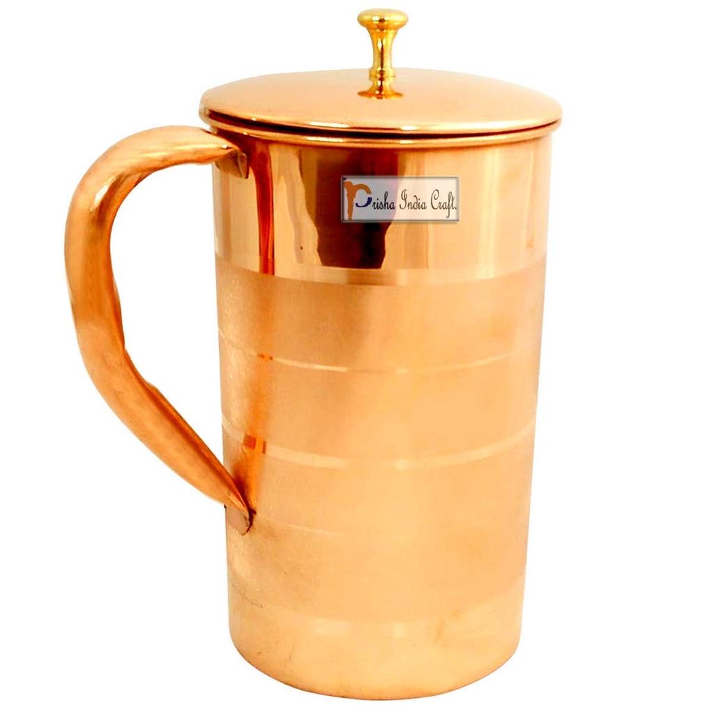 Prisha India Craft  Pure Copper Water Jug Drinkware Tableware Pitcher for Ayurveda Healing Capacity 1.6 L