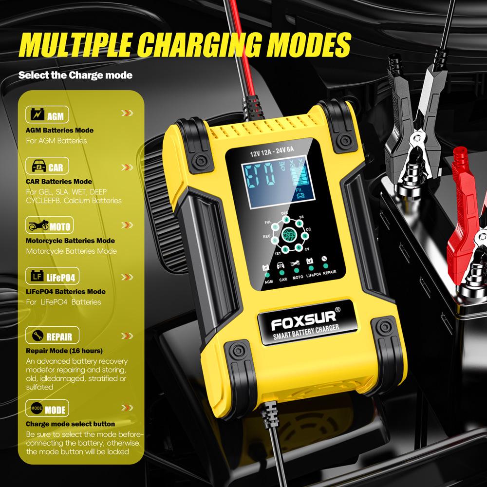12V/24V 12A 7-Stage Smart Lead-Acid Battery Charger with Light Indicator