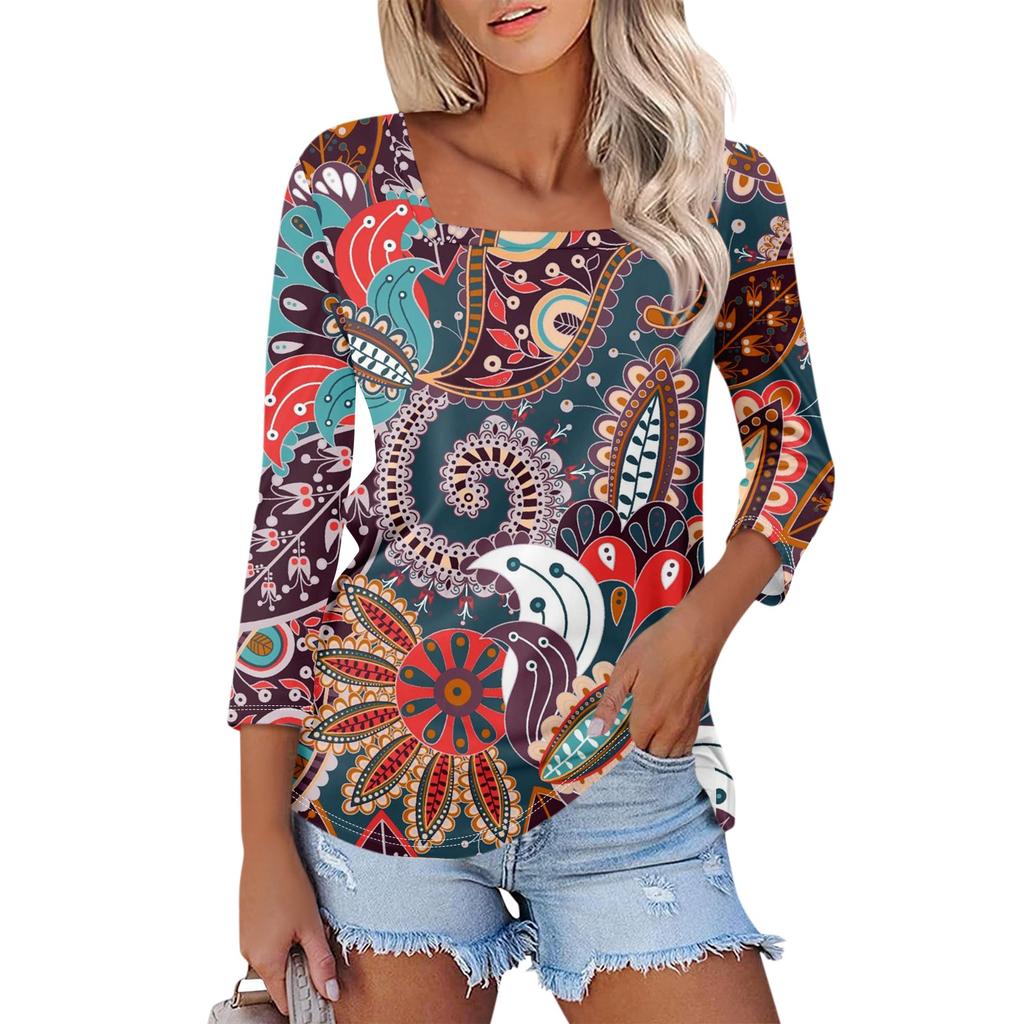 Women's 3/4 Sleeve Square Neck Floral Shirt Casual Loose Tunic Top