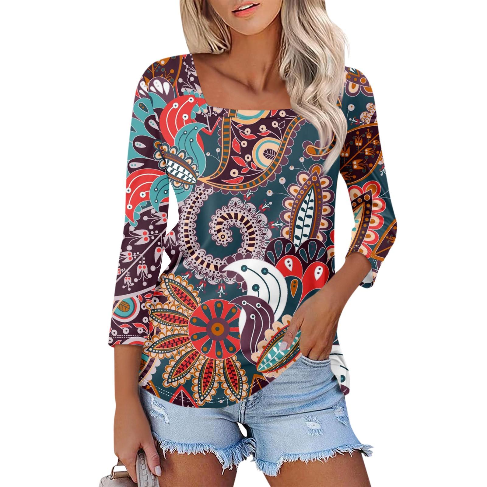 

Женская блузка с рукавом 3/4, квадратным вырезом и цветочным принтом, повседневная свободная туника M