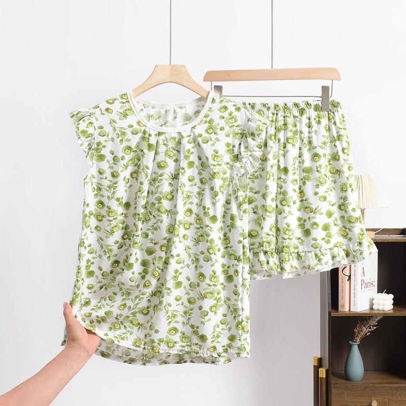 Women's Summer New Sweet Fly Side Cotton Short-sleeved Shorts Suit Large Size Loose Leisure Rayon Home Wear Pajamas