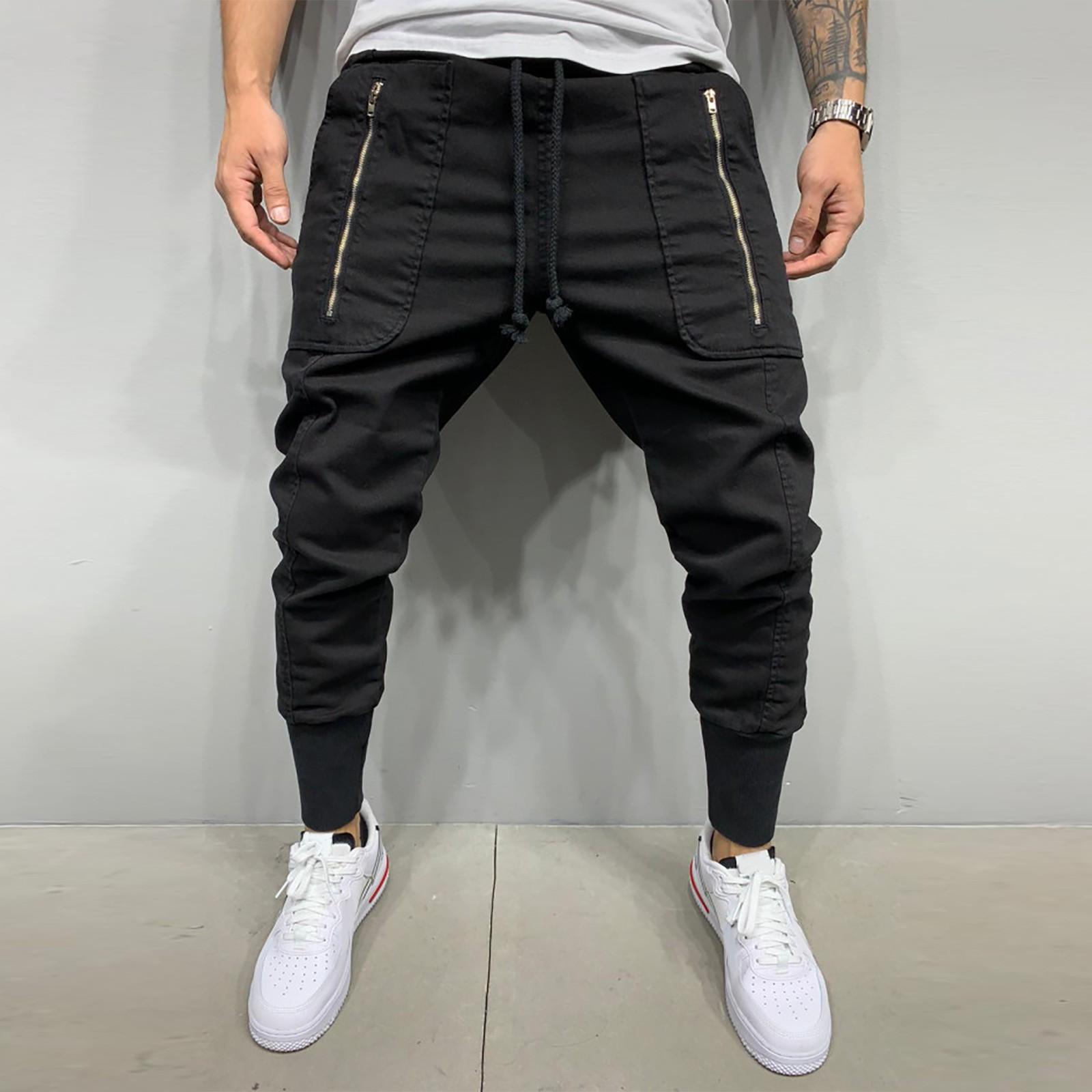 

Men s Casual Sports Pants Classic Three-Dimensional Zipper Patch Pockets Drawstring Elastic Skinny Pants L чорний