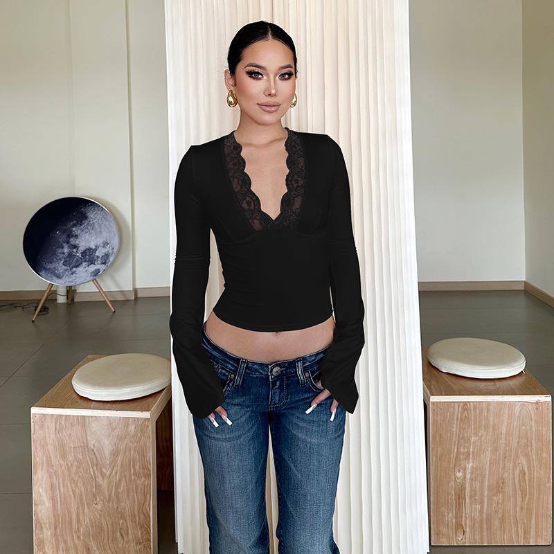 

Европа и США Ветер, женская одежда, весна и лето Новинка, Spicy Girl Pure Desire Ветер, сексуальный V-образный вырез, кружево Кружево, сращивание Длинные рукава L чёрный