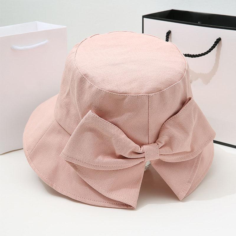 Summer Bow Women Bucket Hat Sweet Cotton Flat Top Large Brim Fishermen Caps Girls Outdoor Beach Travel Fordable Ponytail Sun Hat