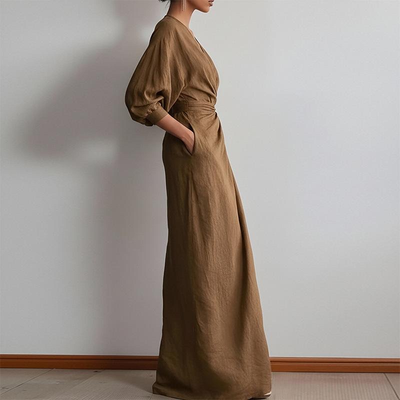Abito Maxi da Donna Scollo a V Manica a Tre Quarti Vestibilità Aderente Vita Alta Elegante Monocolore Wrap Maxi Dress