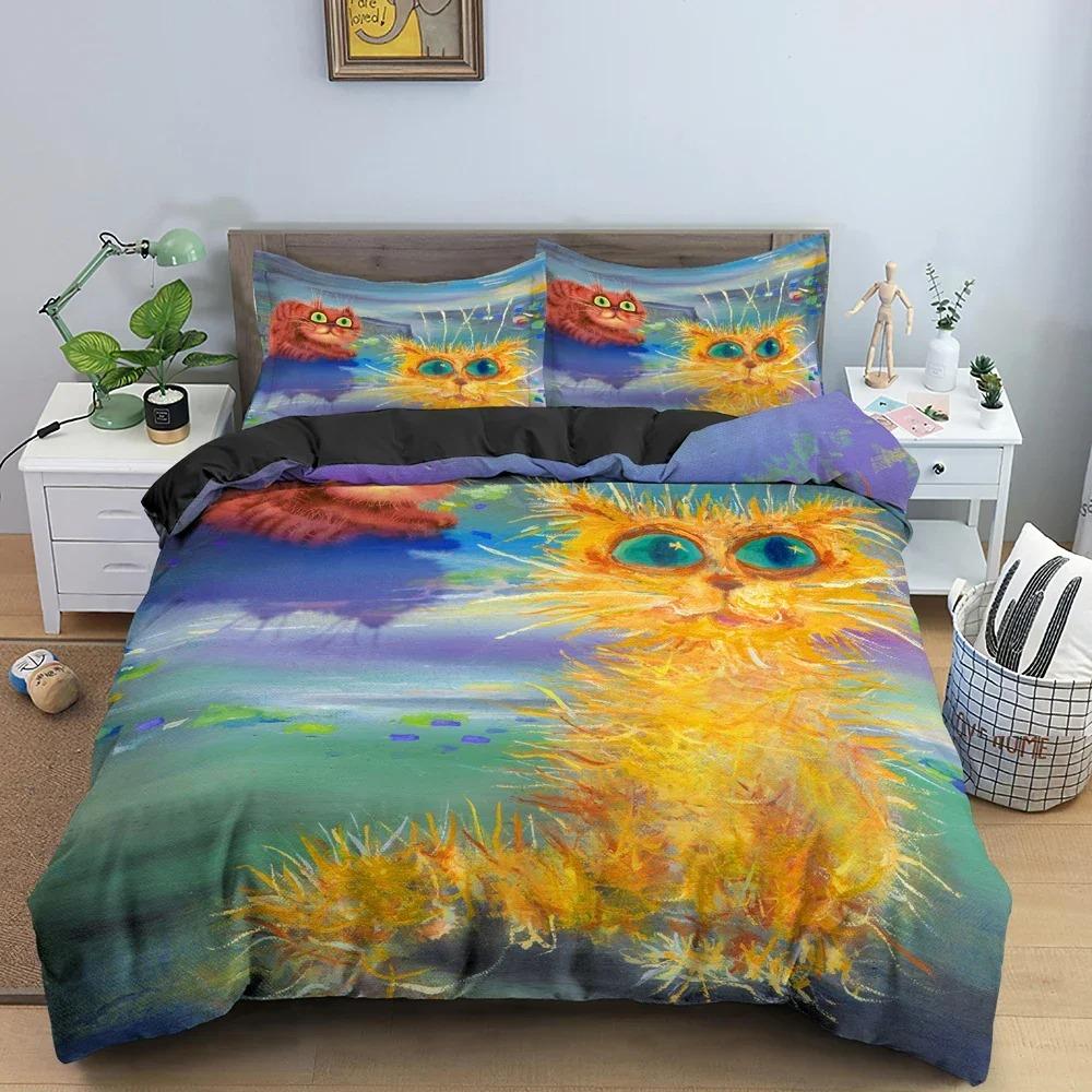 Watercolor Cartoon Cat Pattern Quilt Cover Bedding Set Bedroom Decor Duvet Covers Pillowcase King Twin Single Bedclothes