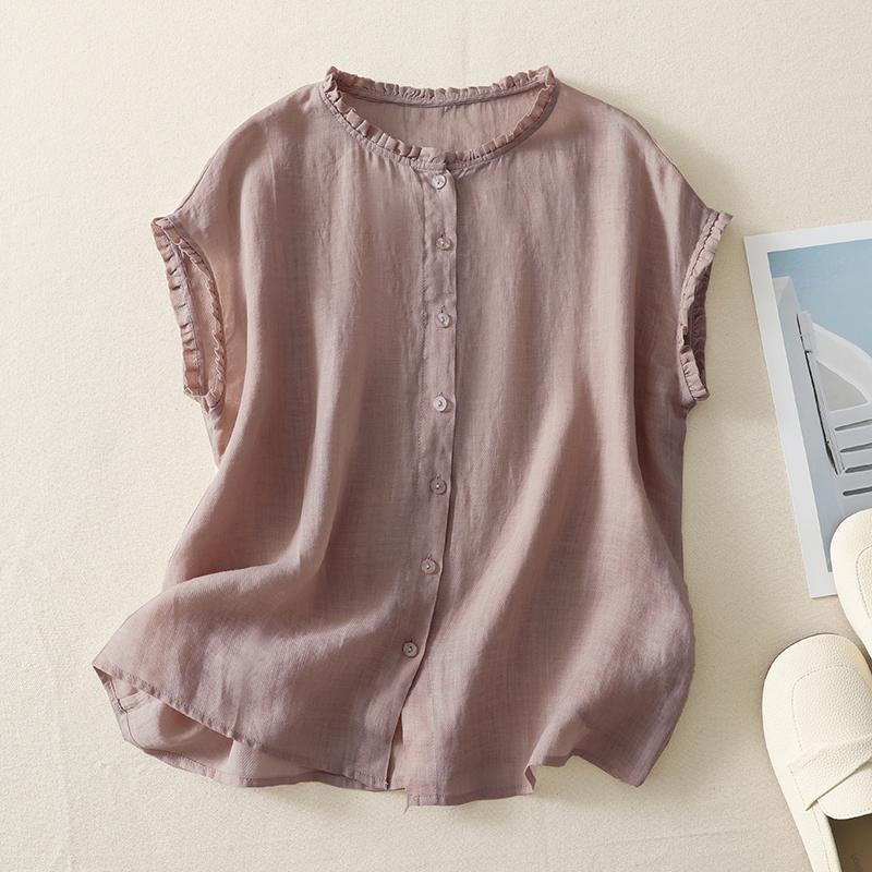 Japan Korean Style Summer Solid Color Cotton Linen Shirt Women O-Neck Sleeveless Casual Loose Vest Blouse Tops