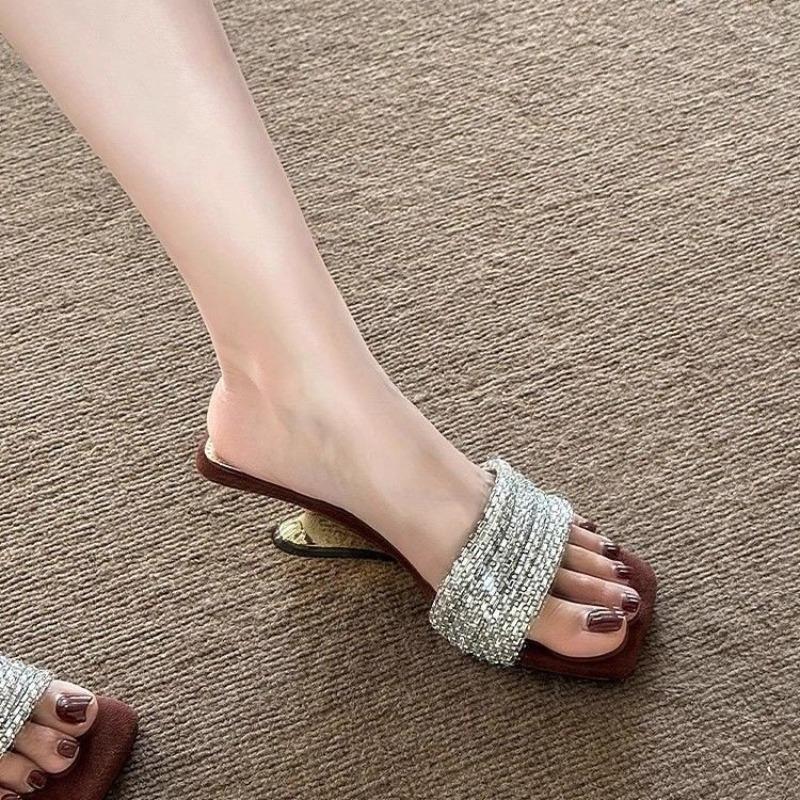 Fashion Women's Square Toe Rhinestone Beautiful Slide Slippers Summer New Suede Temperament Flip-flop High Heel Sandals Outside Wear