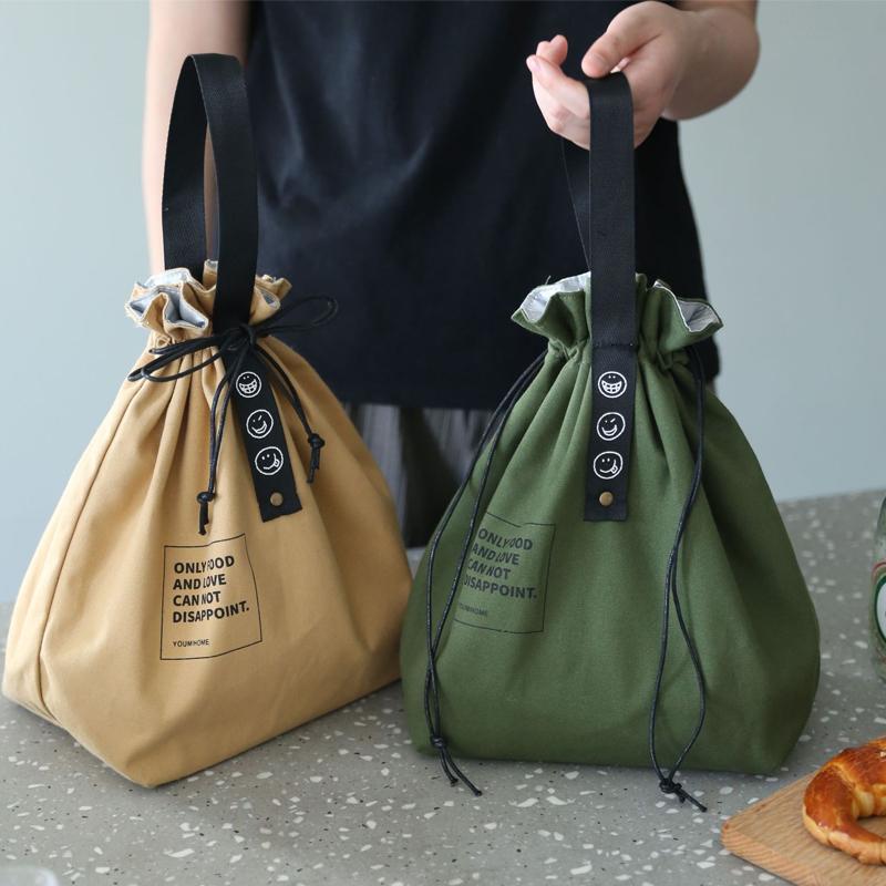 Bento Lunch Bag Wide Mouth Canvas Drawstring Food Carrier For School Picnic Camping Kitchen Essentials Thermal Storage Bag