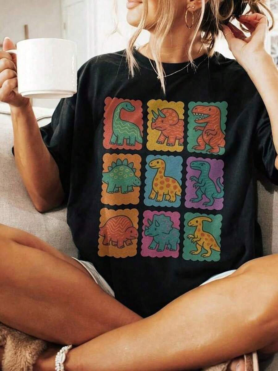 

Graphic-Shirt Cotton Tees Size PlusRetro Dino Grid Graphic Tee Dinosaur Shirt ,Y2K,Oversized Shirt Men,Summer Tops 5XL різнокольоровий