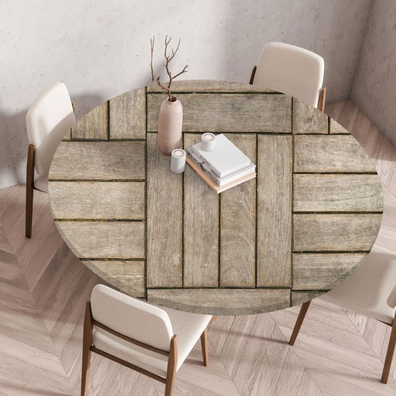 Waterproof Oil-Proof Reusable Tablecloths Round Tablecloth Wood Texture Tablecloths Elastic Fitted Home Round Table Cover