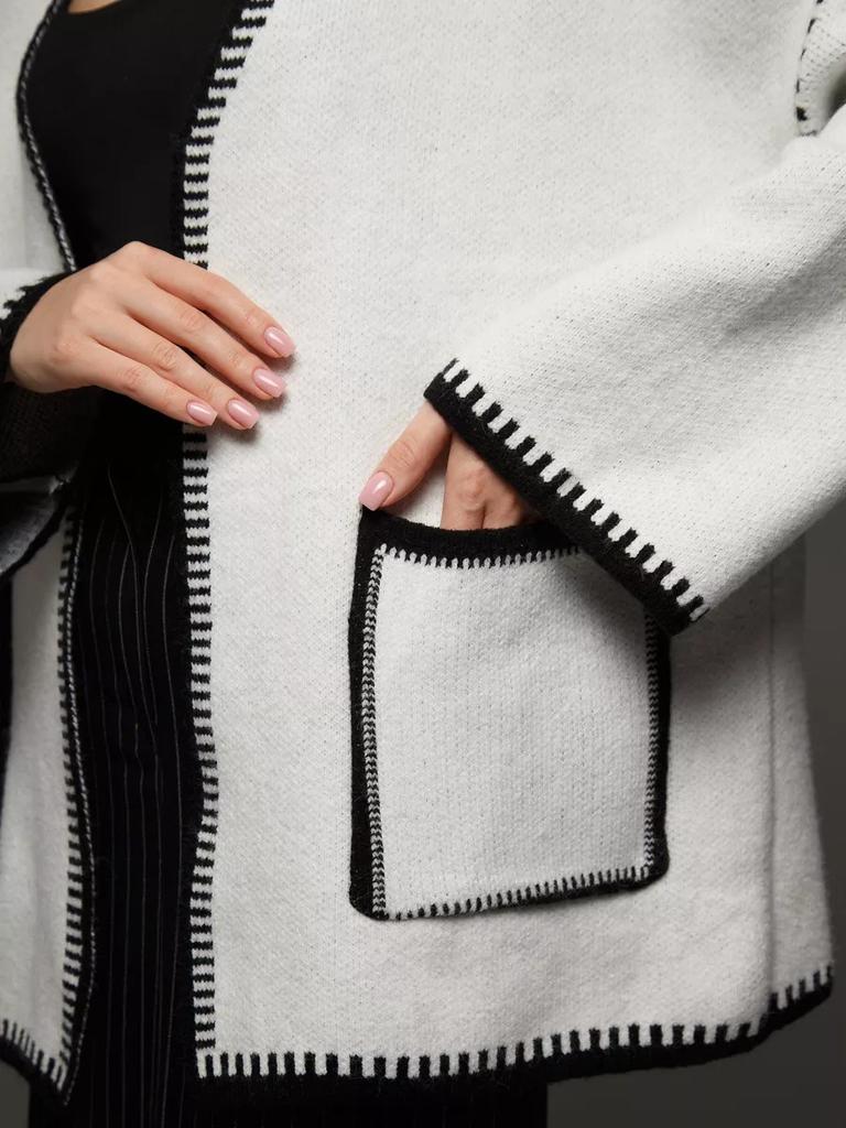 Knitted Open-Front Cardigan Sweater Spring New Style Loose Color Block Long Sleeve Wool Coat