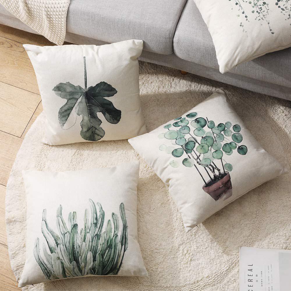 Simple Modern Green Leaves Tropical Plant Series Linen Pillowcase Nordic Small Fresh Style Cushion Cover