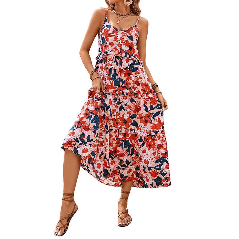 New summer casual seaside vacation dress suspender print dress