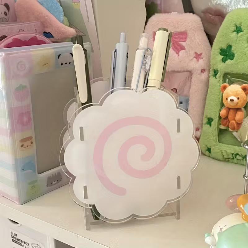 Acrylic Fish Cake Pen Holder Cute Cloud-Shaped Pen Holder Large-Capacity Desktop Stationery Pen Storage Box Spiral Design