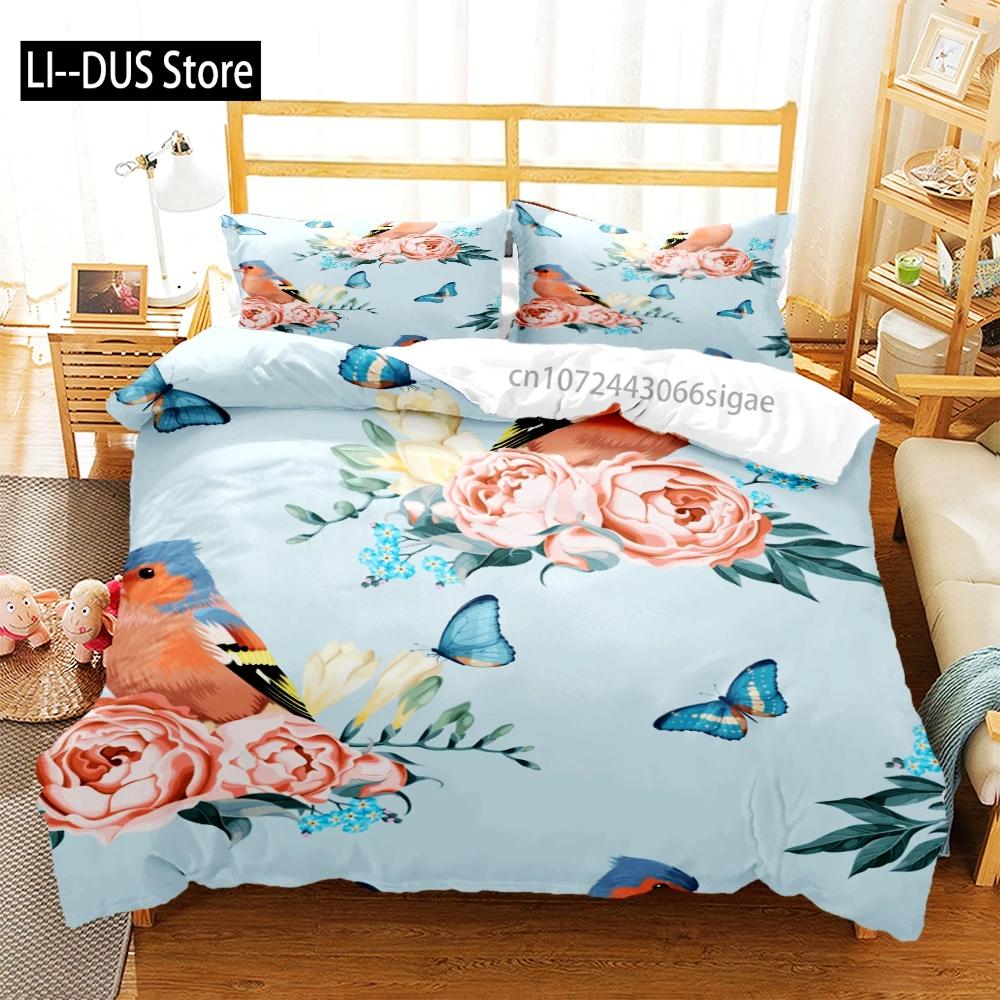 Rose Flower Butterfly Art Print Three Piece Bedding Set Fashion Children or Adults for Beds Quilt Covers Pillowcases Bedding Set